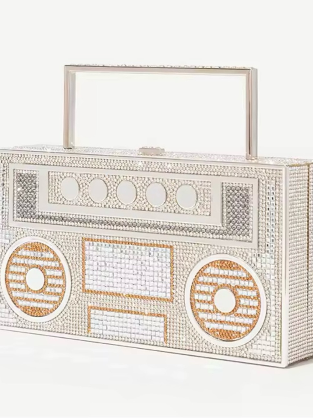 Crystal-Encrusted Silver Portable Boombox Clutch